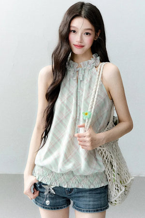 Mint Sheer Plaid Halter Top Set-Up