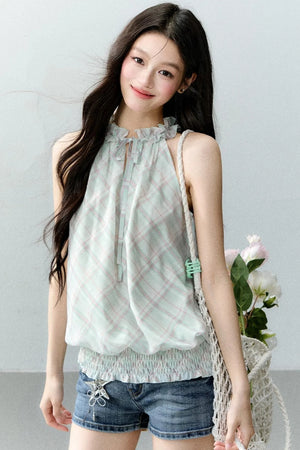 Mint Sheer Plaid Halter Top Set-Up