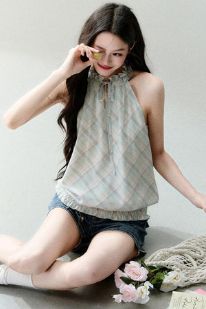Mint Sheer Plaid Halter Top Set-Up