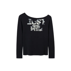 Monogram Print Off-Shoulder Slim T-Shirt