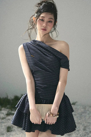 Moonlight Plaid Off-Shoulder Dress