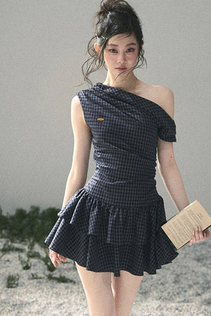 Moonlight Plaid Off-Shoulder Dress