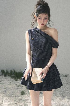 Moonlight Plaid Off-Shoulder Dress