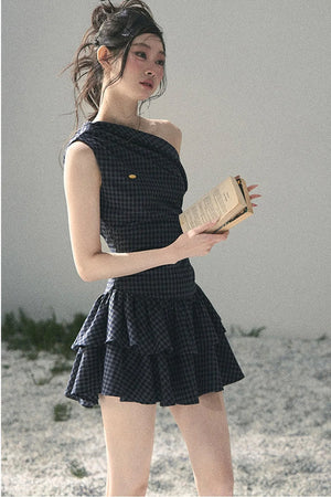 Moonlight Plaid Off-Shoulder Dress
