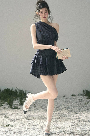 Moonlight Plaid Off-Shoulder Dress