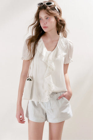 Mulberry Silk Lace Ruffle V-Neck Top