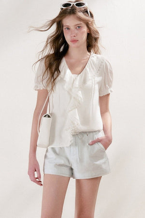 Mulberry Silk Lace Ruffle V-Neck Top