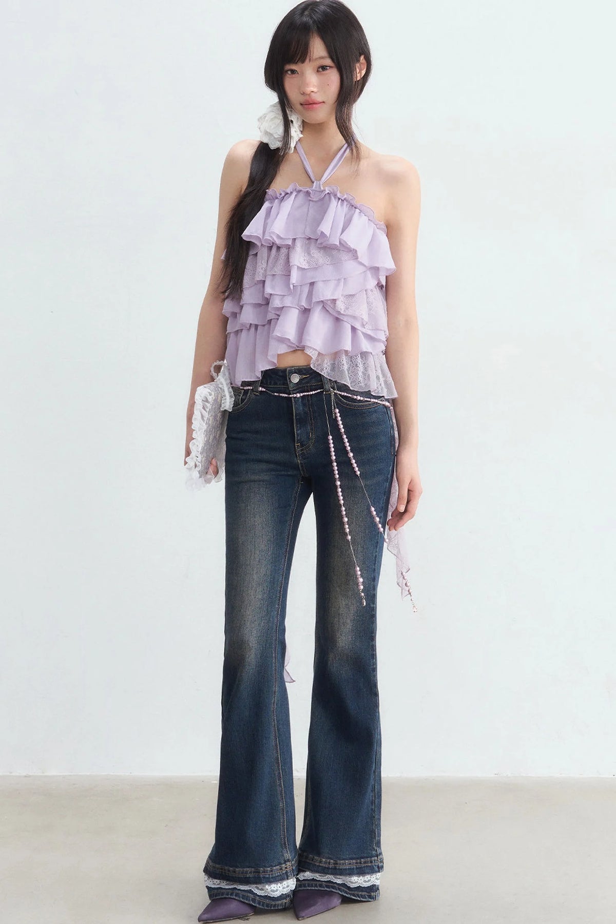 Multi-Layer Ruffle Lace Halter Top and Pants Set-Up