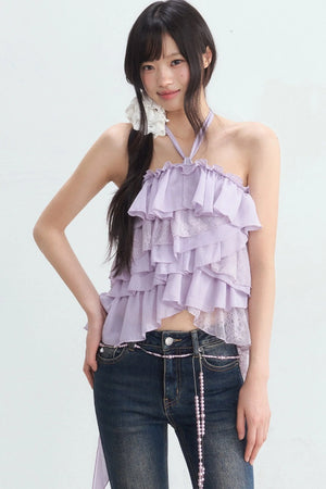 Multi-Layer Ruffle Lace Halter Top and Pants Set-Up
