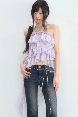 Multi-Layer Ruffle Lace Halter Top and Pants Set-Up