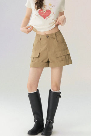 Multi-Pocket Rolled Hem Cargo Shorts