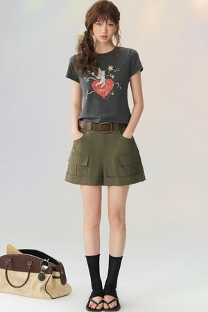 Multi-Pocket Rolled Hem Cargo Shorts