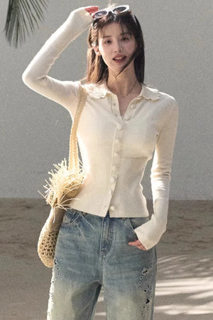 Natural Wool Crochet Collar Top