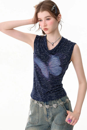 Navy Blue Butterfly Flutter Collar Tank Top