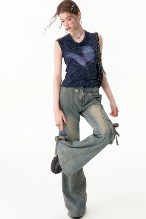 Navy Blue Butterfly Flutter Collar Tank Top