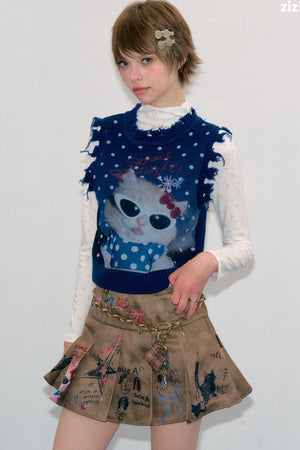 Navy Blue Cat Print Polka Dot Vest