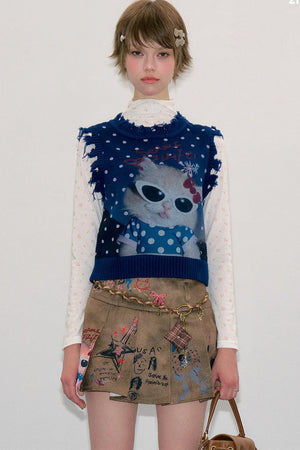 Navy Blue Cat Print Polka Dot Vest