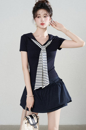 Navy Blue Knitted Short-Sleeved Shawl T-Shirt and Skirt Set-Up