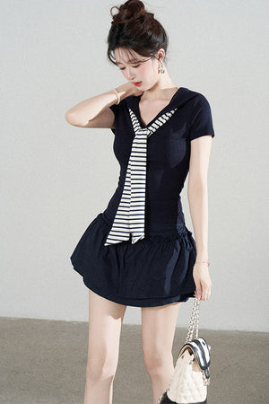 Navy Blue Knitted Short-Sleeved Shawl T-Shirt and Skirt Set-Up
