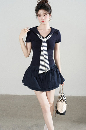 Navy Blue Knitted Short-Sleeved Shawl T-Shirt and Skirt Set-Up