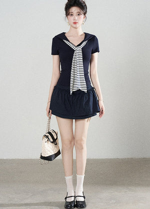 Navy Blue Knitted Short-Sleeved Shawl T-Shirt and Skirt Set-Up