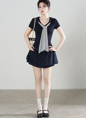 Navy Blue Knitted Short-Sleeved Shawl T-Shirt and Skirt Set-Up