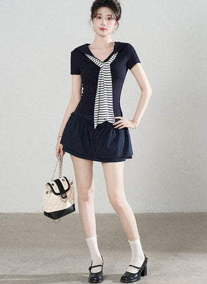 Navy Blue Knitted Short-Sleeved Shawl T-Shirt and Skirt Set-Up