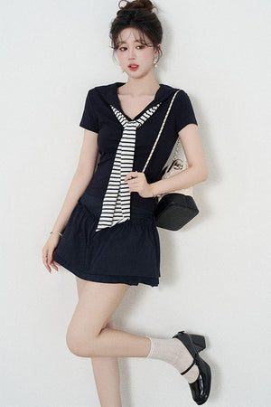 Navy Blue Knitted Short-Sleeved Shawl T-Shirt and Skirt Set-Up