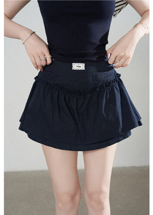 Navy Blue Knitted Short-Sleeved Shawl T-Shirt and Skirt Set-Up