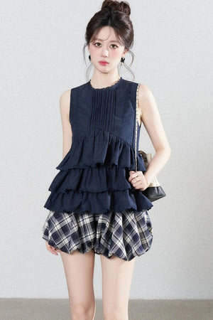 Navy Blue Ruffle Shirt and Plaid Skirt Set-Up