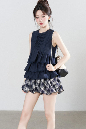 Navy Blue Ruffle Shirt and Plaid Skirt Set-Up