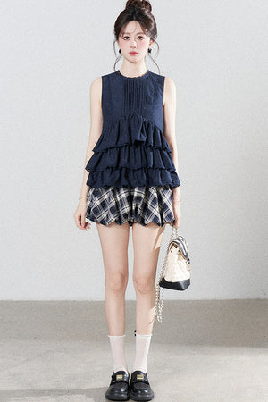 Navy Blue Ruffle Shirt and Plaid Skirt Set-Up
