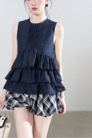 Navy Blue Ruffle Shirt and Plaid Skirt Set-Up