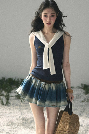 Navy Collar Academy Faux Two-Piece Top