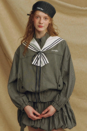 Navy Collar Plaid Jacket Set-Up