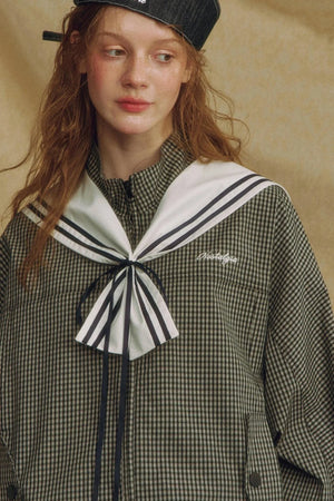 Navy Collar Plaid Jacket Set-Up