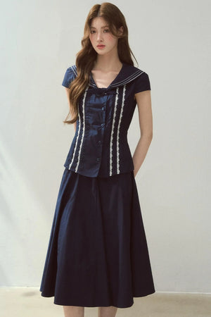 Navy Collar Skirt Suit Set-Up