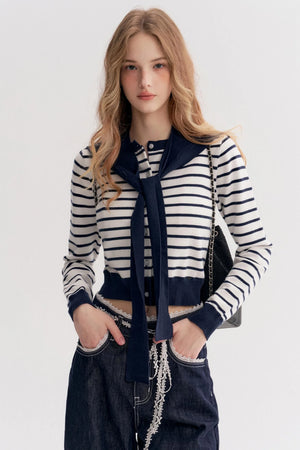 Navy Core Knitted Cardigan Two-Piece Top Set