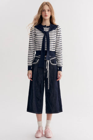 Navy Core Knitted Cardigan Two-Piece Top Set