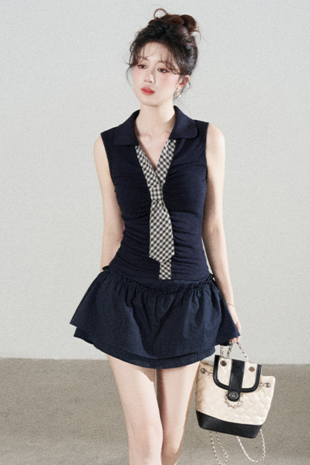 Navy Knit Short-Sleeve T-Shirt and Skirt Set-Up