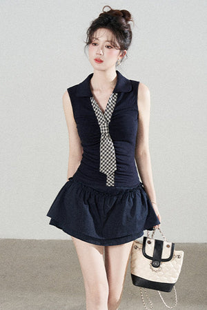 Navy Knit Short-Sleeve T-Shirt and Skirt Set-Up