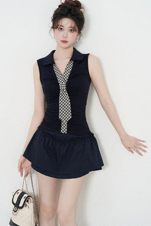 Navy Knit Short-Sleeve T-Shirt and Skirt Set-Up