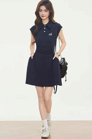 Navy Knitted Polo Dress