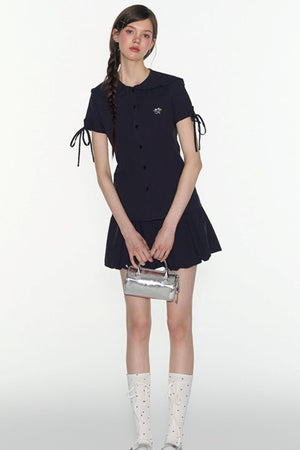 Navy Lace Collar Top & Skirt Set-Up