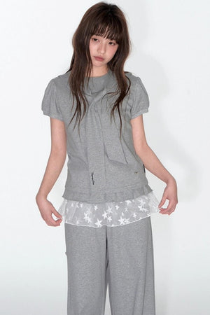 Navy Lace Short Sleeve Cinched Waist Top Set-Up
