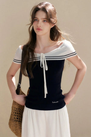 Navy Lyocell Off-Shoulder Knit Top