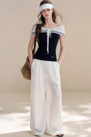 Navy Lyocell Off-Shoulder Knit Top