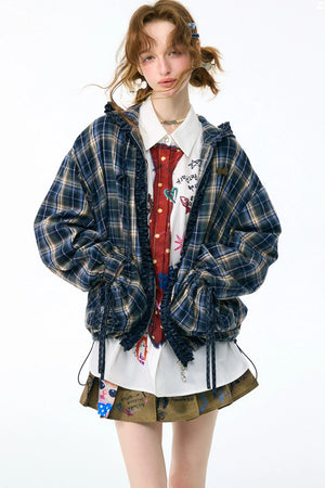 Navy Plaid Hooded Zipper Jacket