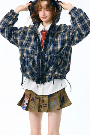 Navy Plaid Hooded Zipper Jacket