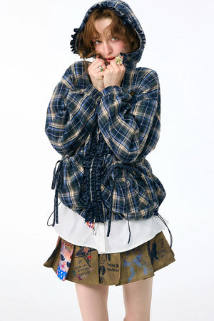 Navy Plaid Hooded Zipper Jacket